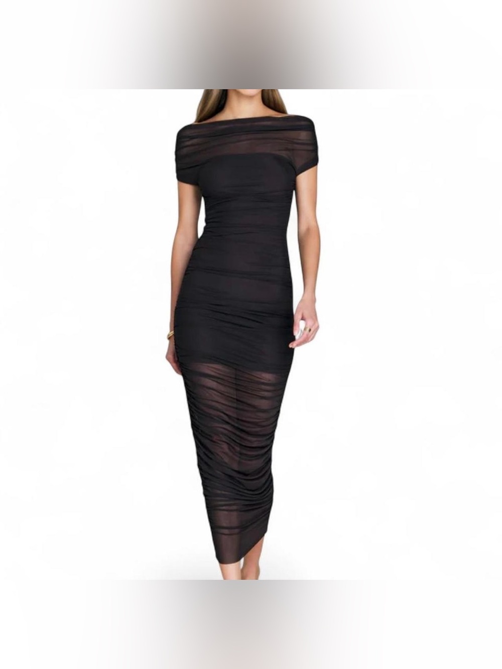 SER.O.YA Noel Black Ruched Mesh Off-the-Shoulder Midi Dress Size S